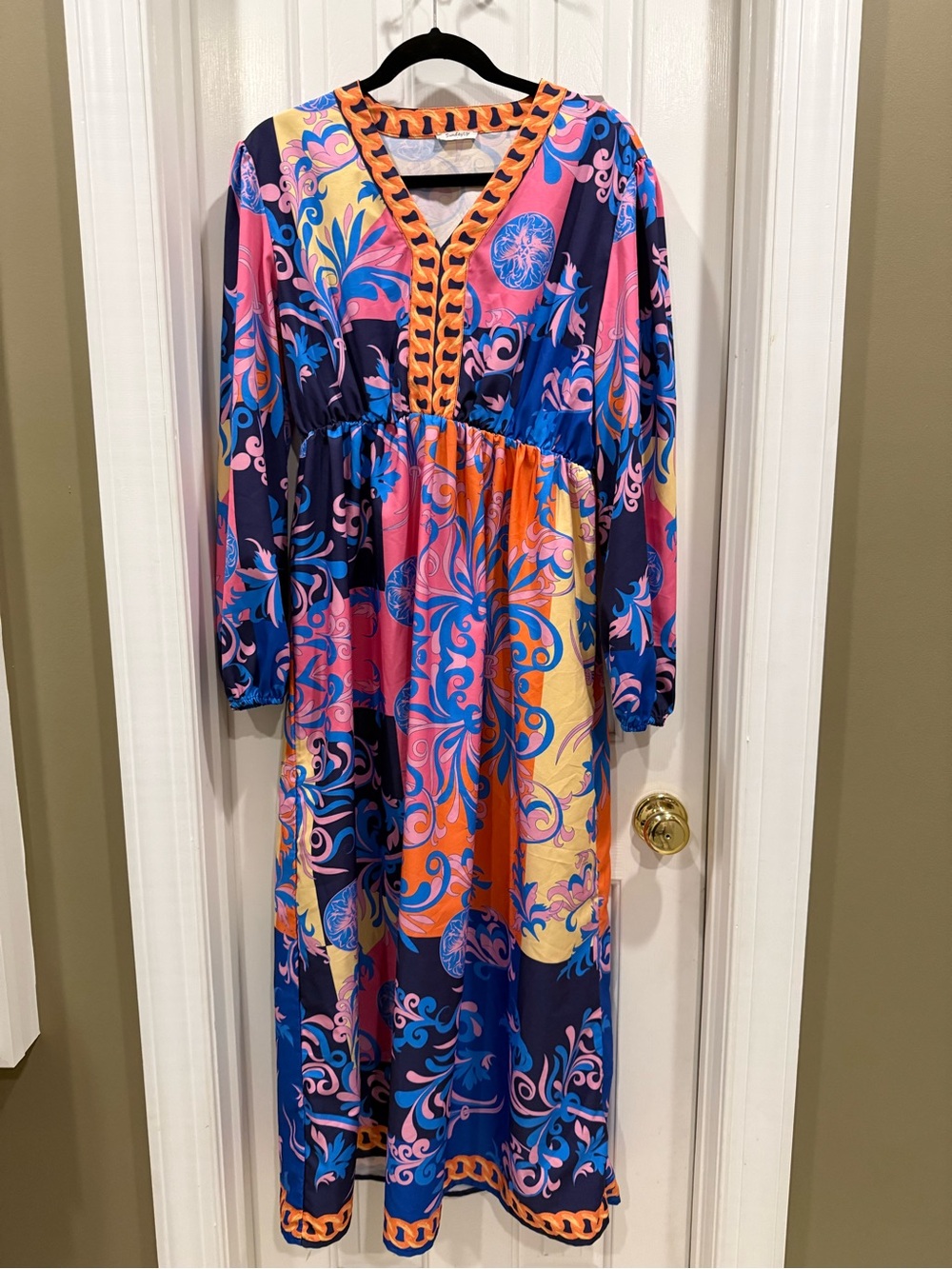 Sunday Multicolor Long Sleeve Maxi Dress in Navy, Pink, Orange & Yellow